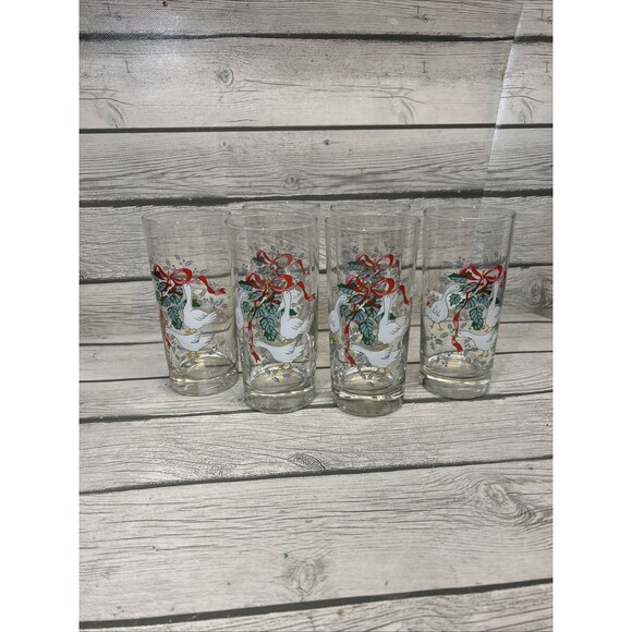 International Marmalade Goose Christmas Pattern 6 1/4” Tall Glass Tea Tumblers 6
